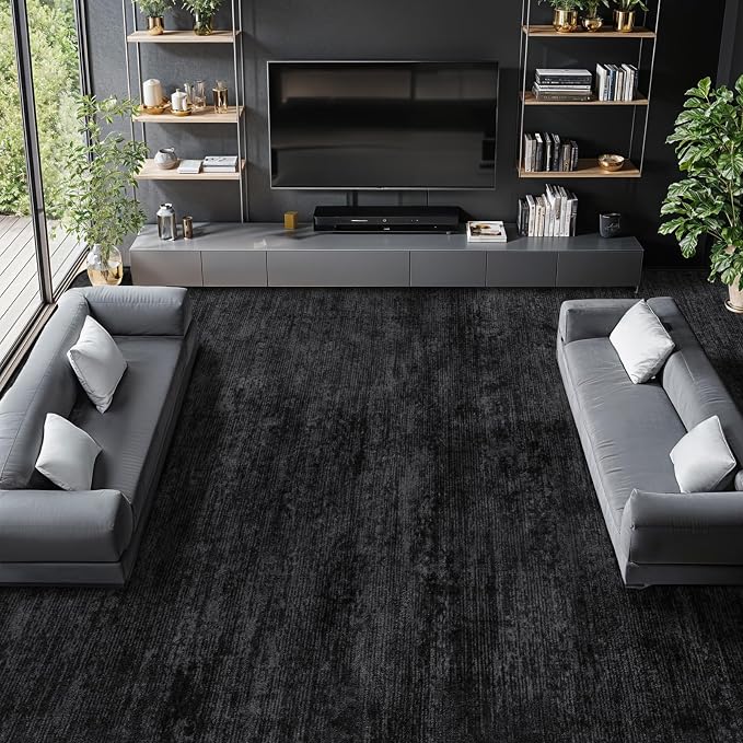 10x14 Washable Area Rug, Black Solid Area Rugs for Living Room & Bedroom | Stain-resistant & Non-slip backing,Low Pile Washable Large Carpet, Solid Vintage Style For High Traffic Areas(10x14,Black)