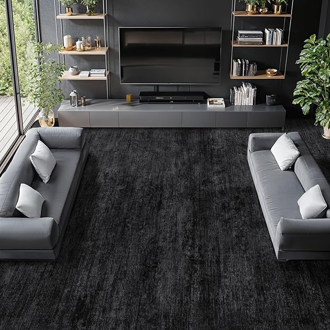 8x10 Washable Area Rug, Black Solid Area Rugs for Living Room & Bedroom | Stain-resistant & Non-slip backing,Low Pile Washable Large Carpet, Solid Vintage Style For High Traffic Areas(8x10,Black)