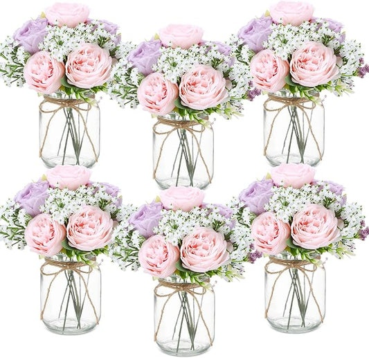 Zeyune 6 Sets Mason Jar Centerpiece Table Decorations, Artificial Peony Baby's Breath Flower Bouquets, Faux Flowers with Vase, Rustic Decor Gifts for Home, Wedding, Holiday (Purple,Pink)