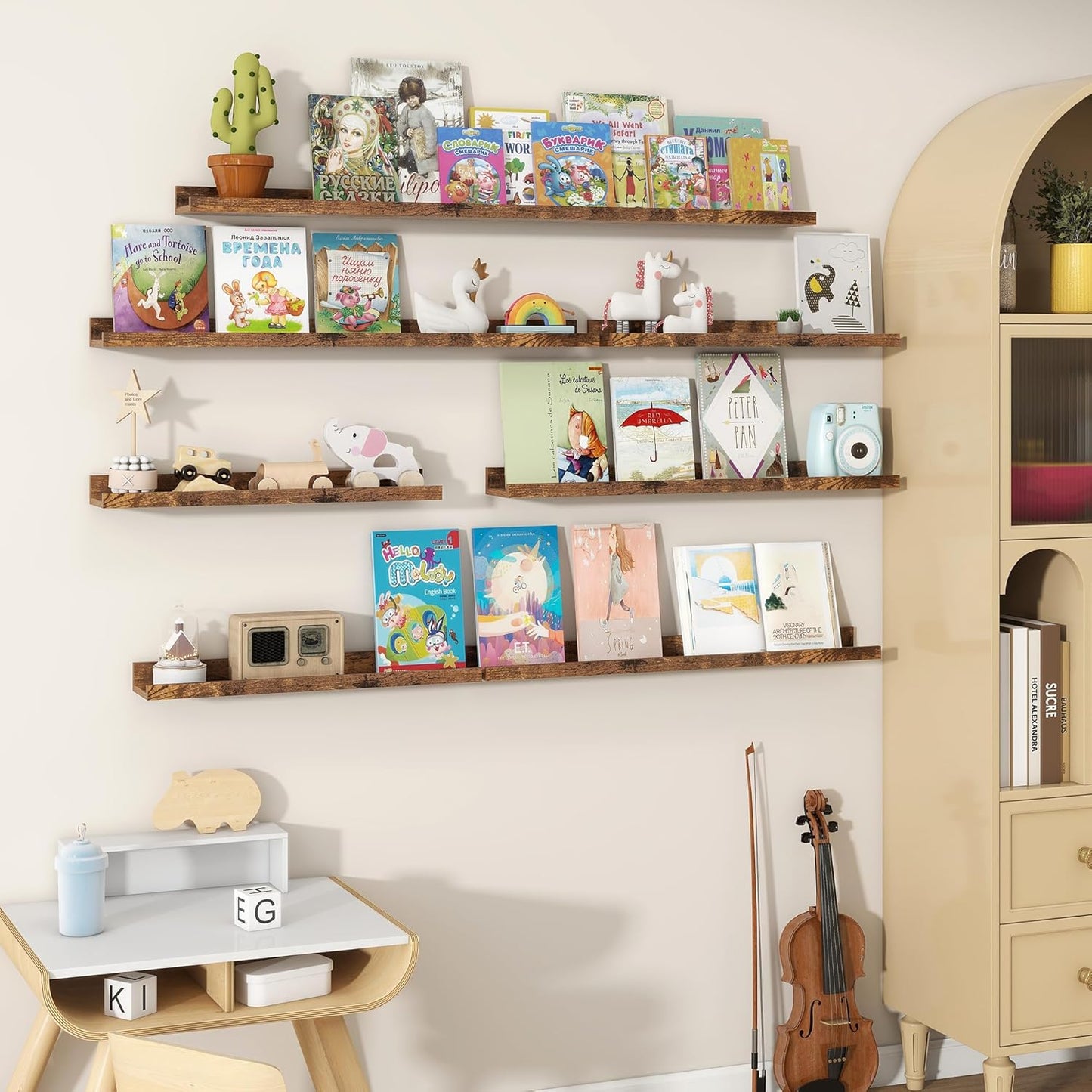 Fun Memories Picture Ledge Shelves Set of 2, 36 Inch Rustic Wall Mounted Floating Shelves with Lip for Home Storage and Décor in Bathroom, Kitchen, Nursery, Bedroom, Living Room, Brown