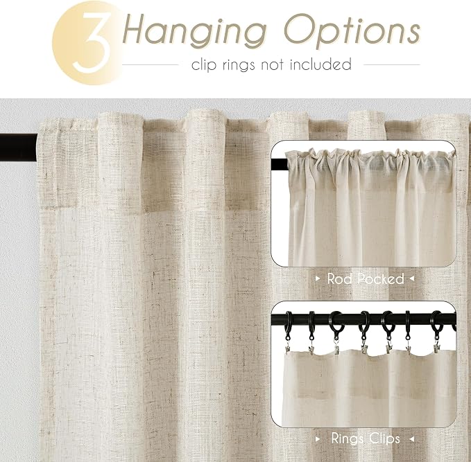 Faux Linen Beige Curtains 63 inches Long for Living Room Rustic Farmhouse Linen Drapes Semi Sheer Burlap Textured Canvas Cloth Curtain Panels Set of 2 Kahki Tan Colored