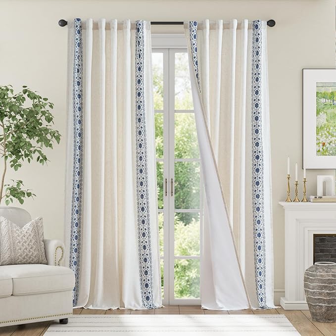 jinchan Weslie Boho Lined Linen Curtains for Living Room Blue Vintage Floral Farmhouse Curtains 108 Inches Long Extra Long Drapes for Bedroom Embroidered Rod Pocket Blue on Beige 2 Panels