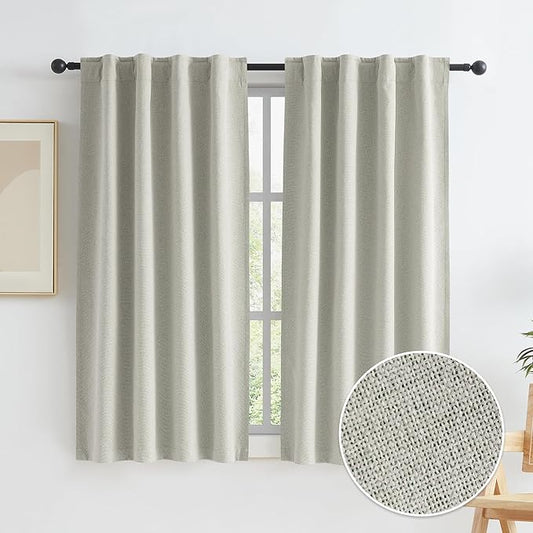 KEQIAOSUOCAI Greyish Beige Blackout Linen Curtains 45 Inches Long, Completely Blackout Window Treatment Panels for Small Windows Hook Belt Back Tab (2 Panels, 34 Inch Width Each Panel)
