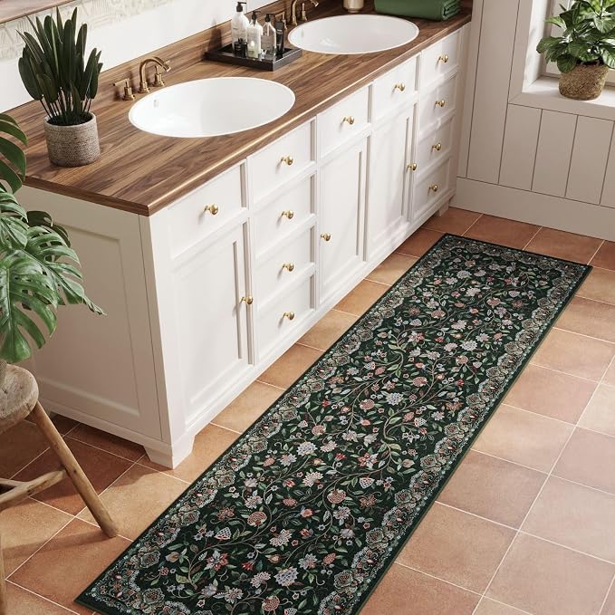 Rugcomf Vintage Paisley Kitchen Runner Rug 2'x6' - Machine Washable, Non-Slip Low Pile Floral Carpet for Laundry, Bedroom, Bathroom - Green