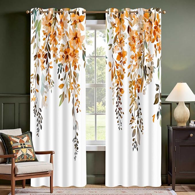 Orange Watercolor Floral Curtains, Botanical Leaves Vine Flowers Curtain, Rustic Farmhouse Flower Leaf Blackout Window Treatment Drapes for Bedroom Living Room 42x90 inch, 2 Panels