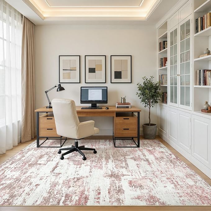 Area Rugs 5x7 Living Room: Washable Large Abstract Modern Neutral Soft Rug Stain Resistant Non-Slip Backing Carpet for Bedroom Dining Room Indoor Nursery Dorm Home Office Decor - Pink