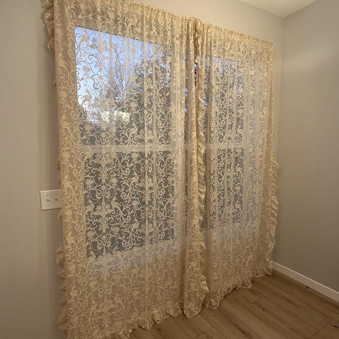 TUDECO Beige Boho Curtains 8 Foot - Cottage Translucen Lace Curtains for Living Room Bedroom, Pretty Chic Floral Ruffle Light Filtering Privacy Window Decor, 59 x 96 Inch, Light Beige