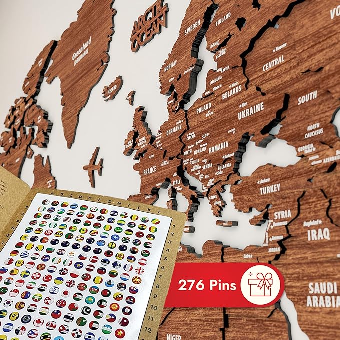 Colorfull Worlds, Multilayer 3D Wooden World Map, Travel Map States and Capitals, Wall Decor For New House, Gift For Travelers, Office Decor, Birthday Present, Living Room Decoration (M, Light Brown)
