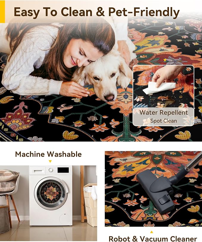 RELEANY Area Rugs Round 4ft Washable Non-Slip, Floral Vintage Distress Medallion Carpet for Living Room Bedroom Dining Room, Black Colorful Floral Dark Tan