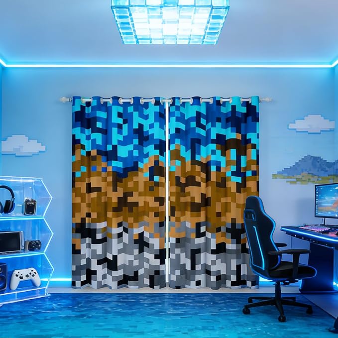 Pixelated Miners Gaming Window Curtain,Blue Brown Grey Grid Blackout Window Treatment ,Kids Girls Teens Construct Video Games Bedroom Curtains Geometric Block Living Room Decor Top 2 Panels,38Wx54L