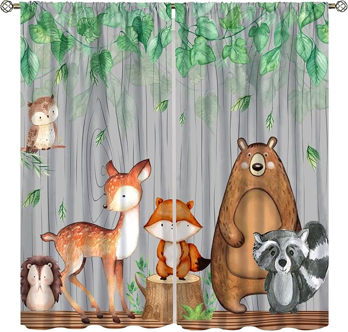 YCness Rustic Animal Curtains, Wild Forest Animal Bear Fox Deer Kids Window Treatments for Living Room Bedroom, Farmhouse Woodland Blackout Drapes 2 Panel Sets, 42x45 Inch, Style-5