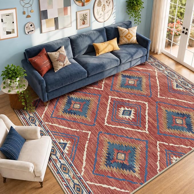 BESTSWEETIE Area Rug 9x12 Rug Machine Washable Non-Slip Low Pile Print Pattern Western Rug for Living Room Bedroom Entryway Tribal Series -Red/Orange