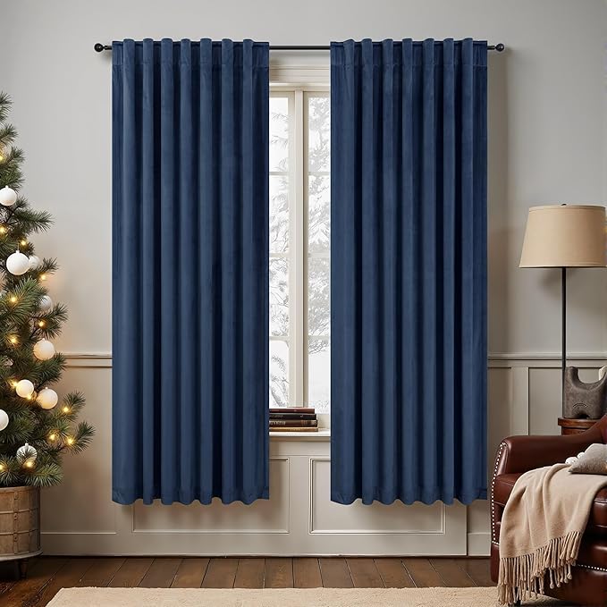 Navy Blue Velvet Curtains 63 Inches Long for Bedroom Nursery Room Darkening Thermal Insulating Window Satin Silk Textured Curtains for Living Room Door Victorian Retro Decor 52x63 Length 2 Panels Set