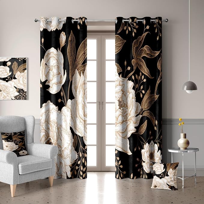 Boho Floral Blackout Curtain, Black Gold Flowers Plant Aesthetic Art Watercolor Curtains Darkening Thermal Insulated Grommet Window Drapes for Living Room Bedroom Decor 2 Panels 52x63 Inches