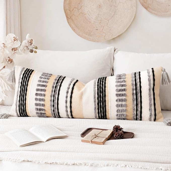 NUYECY Chenille and Cotton Long Pillow for Bed, Striped Textured Boho Lumbar Throw Pillow Cover 12x36, Neutral Accent Decorative Extra Long Body Pillow Case for Couch, Sofa, Bedroom, Grey