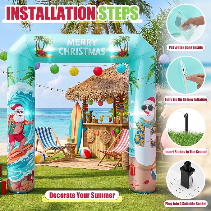 Jenaai Christmas in July Inflatable Arch, 8.53 x 7.53 ft Tropical Christmas Blow Up Arch with LED Lights, Hawaiian Luau Party Entrance for Outdoor Yard Beach Party Decorations