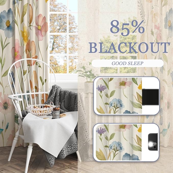 Boho Floral Blackout Curtains, Vintage Watercolor Wildflower Botanical Plant Leaves Room Darkening Thermal Insulated Grommet Window Drapes for Living Room Bedroom Decor 2 Panels 52x96 Inches