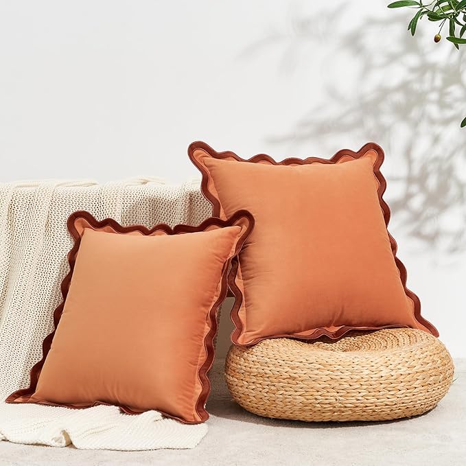 MONDAY MOOSE Decorative Throw Pillow Covers Cushion Cases, Set of 2 Soft Velvet Scalloped Wavy Edge Designs, Mix and Match for Home Decor, Pillow Inserts Not Included (20x20 inch, Rust/Coral)