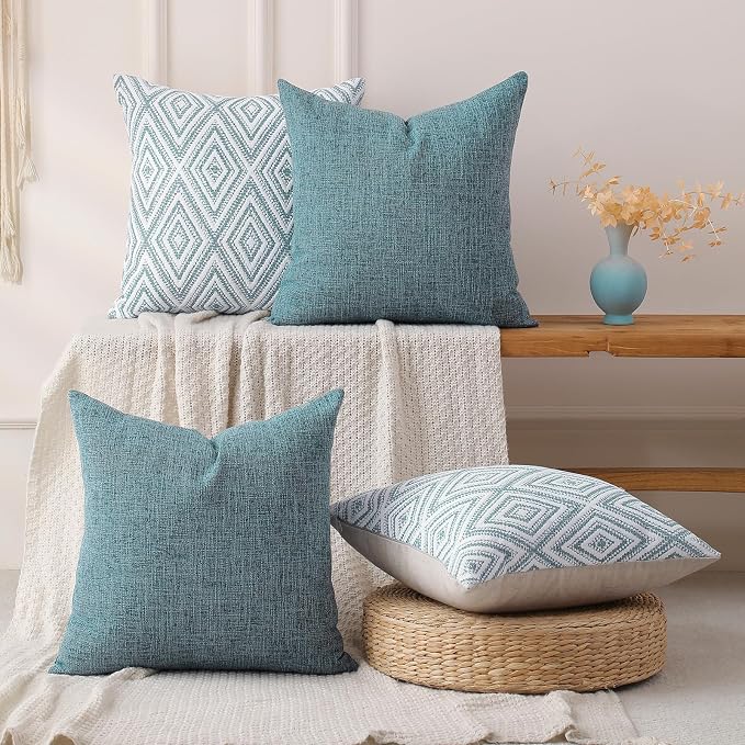 HPUK Throw Pillow Covers 18x18 Inch Set of 4, Blue Linen-Textured Decorative Pillow Covers, Square Accent Cushion Covers for Couch Sofa Bed Bedroom Living Room Decor, Covers Only