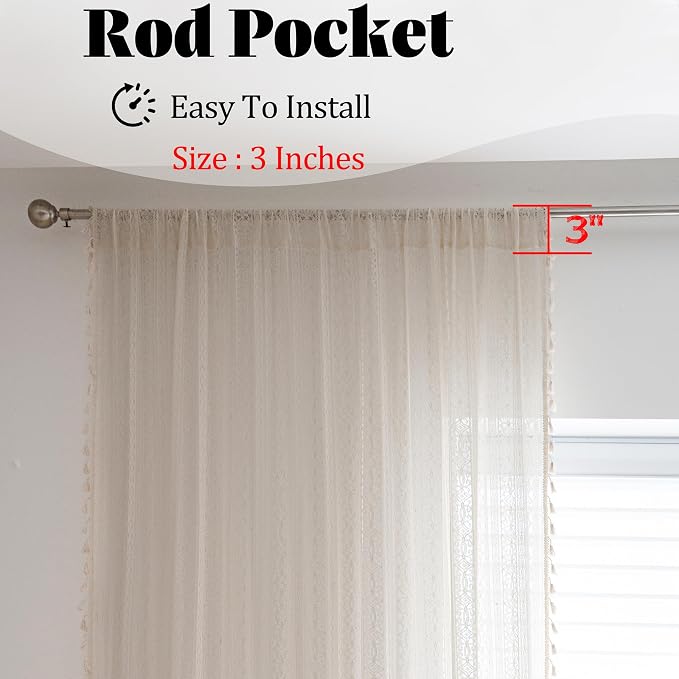 Sutuo Home Boho Curtain Crochet Lace Semi-Sheer Florals Hollow Knitted Handmade Tassels, Rod Pocket Window Treatment Vintage Rustic Farmhouse Drapes for Living Bedroom, 1 Panel 59" W x 72" L, Beige