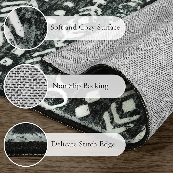 Lahome Boho Moroccan Kitchen Rugs, 4x6 Washable Black White Bedroom Area Rug Low-Pile Soft Office Rug, Non-Slip Tribal Print Pattern Large Entry Rug Indoor Carpet for Living Room Laundry