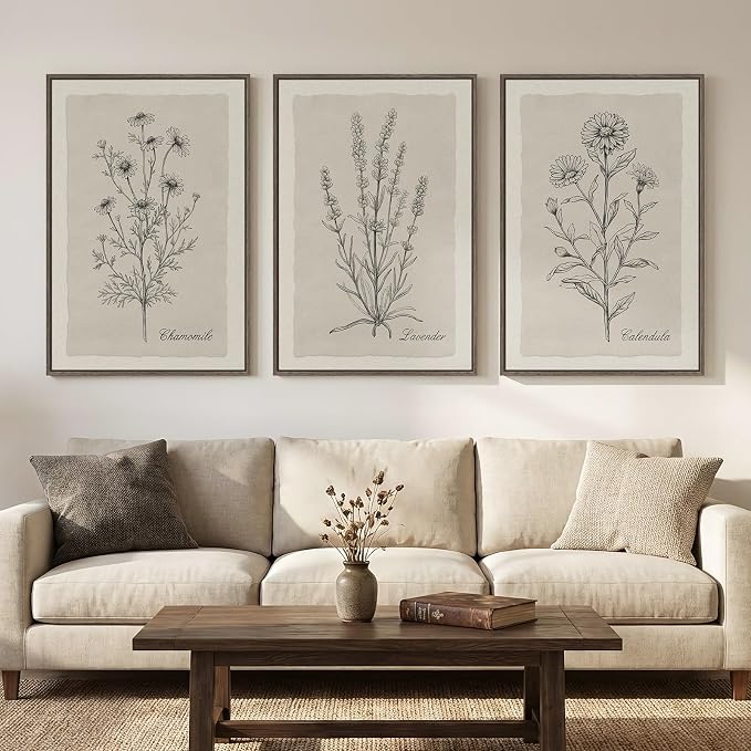 Framed Farmhouse Botanical Canvas Wall Art for Living Room, 3 Piece Large Vintage Neutral Floral Line Artwork for Walls, Minimalist Rustic Sketch Art Prints Paintings for Bedroom Kitchen, 24x36 Inch