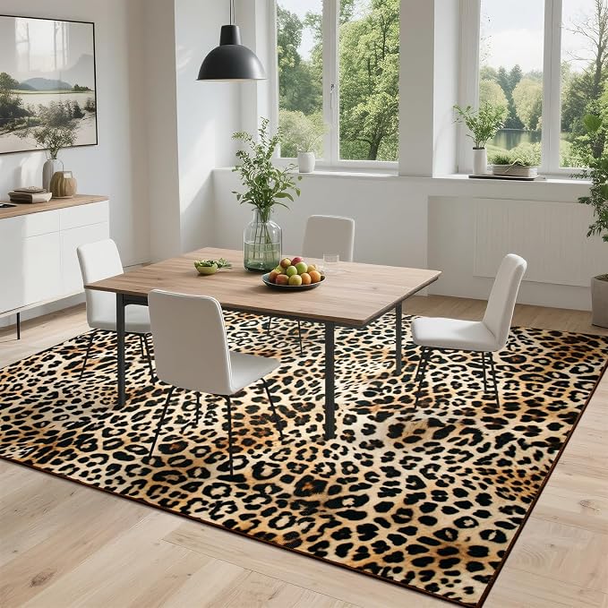 DweIke Leopard Print Rug for Living Room, Machine Washable 5x7 Cheetah Area Rugs for Bedroom, Non-Slip Low Pile Animal Hide Carpet with Rubber Backing for Dining Room Kitchen Home Decor,White Brown