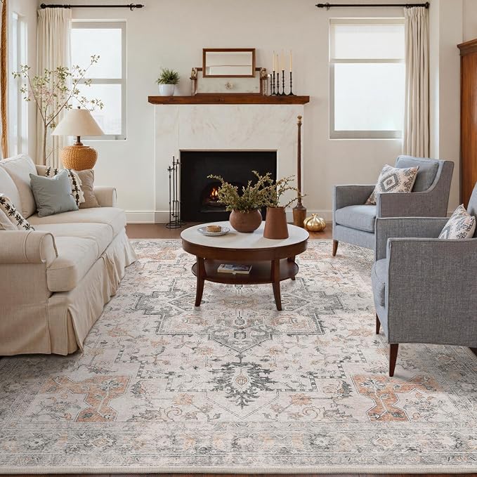 GENIMO 10x14 Area Rugs for Living Room, Non Slip Machine Washable Vintage Rugs, Low Pile Lightweight Print Large Rug for Bedroom, Dining Room, Home Office, Light Taupe Brown