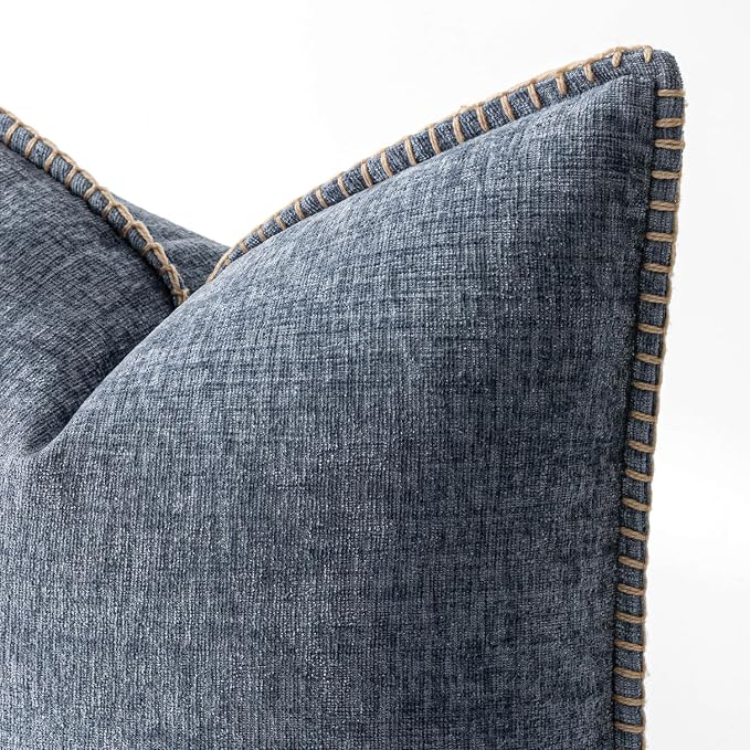 MIULEE Pack of 2 Couch Throw Pillow Covers 16x16 Inch Dark Grey Blue Farmhouse Decorative Pillow Covers with Stitched Edge Soft Chenille Solid Dyed Pillow Covers for Sofa Bed Living Room