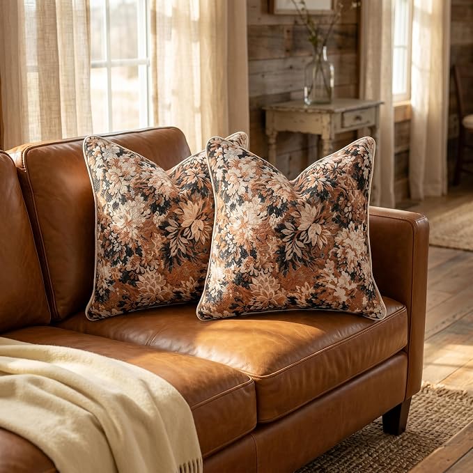 Vintage Floral Throw Pillow Covers 18x18 Inches Set of 2 Boho Farmhouse Pillow Cases Premium Chenille Textured Decorative Cushion Covers for Couch Retro Garden Farmhouse Style Caramel