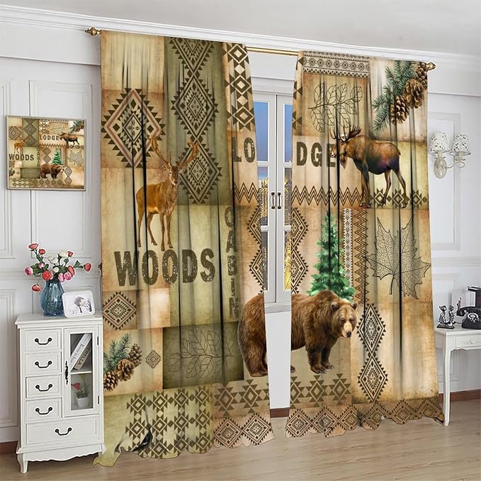 Country Bear Deer Curtains for Kitchen Vintage Farmhouse Plaid Hunting Forest Lodge Wildlife Bear Elk Pinecone Lake Window Treatments for Farmhouse Bedroom Living Room 42x45in