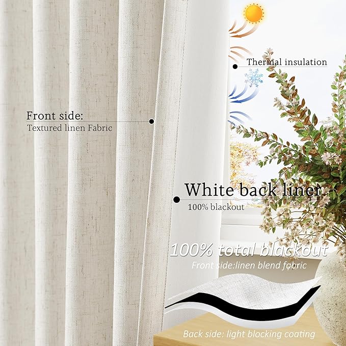 Jowels Cream Linen Blackout Curtains 95 Length 2 Panels Set for Living Room Bedroom, 100% Black Out Thermal Insulated Linen Drapes, Room Darkening Grommet Curtains 95 Inches Long Natural Beige