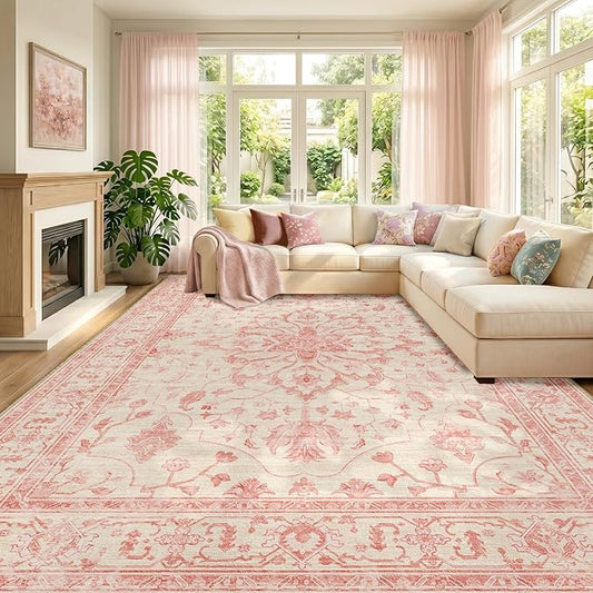 RELEANY Area Rugs Large 9'x12' Washable Non-Slip, Floral Vintage Distress Medallion Carpet for Living Room Bedroom Dining Room, Pink Light Vintage Pink