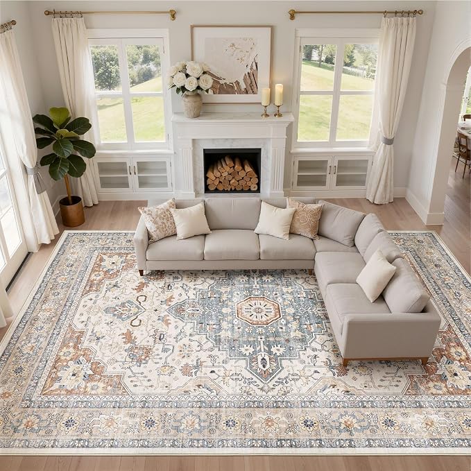 LOONGRUG 12x18 Rug Living Room: Washable Boho Large Neutral Vintage Soft Area Rug Stain Resistant Distressed Non-Slip Indoor Floor Carpet for Bedroom Nursery Playroom Office Dining Room- Beige Blue
