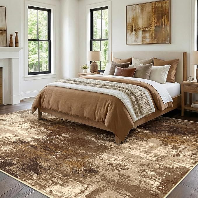 RELEANY Washable Area Rugs 8'x10' Non-Slip Modern Abstract Soft for Living Room Entryway Bedroom Kitchen, Print Pattern, Brown Tan Beige Coffee