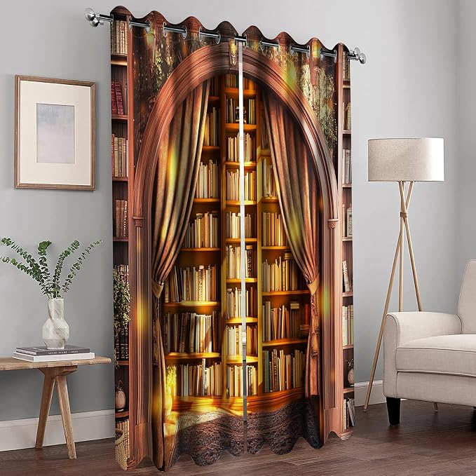 MissHope Library Bookshelf Blackout Curtains Sunshine Vintage Book Bookcase Tree Decor Women Men Boys Girls Bedroom Study Classroom Living Room Darkening Grommet Window Drapes 2 Panel Set, 42x63 Inch