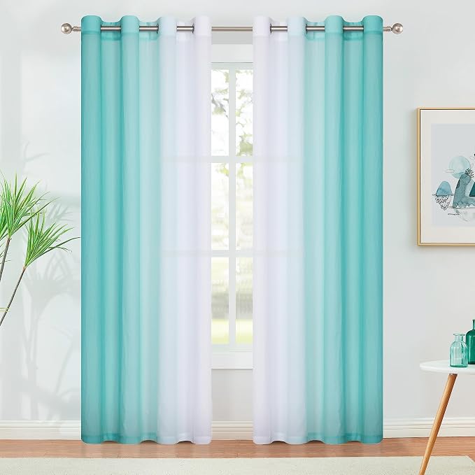 Purainbow Chiffon Sheer Ombre Curtains for Living Room, Grommet Special Crinkle Gradient Teal Semi Sheer Window Treatments Privacy with Light for Bedroom Kids Room, All Season, 52"x63"x2