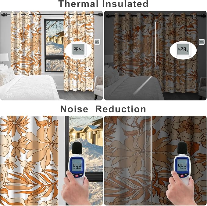Boho Blackout Curtains for Bedroom and Living Room, Floral Patterned Black Out Curtains 84 Inch Long with Tiebacks, Farmhouse Summer Thermal Insulated Energy Efficient Bedroom Curtains 2 Panel Sets