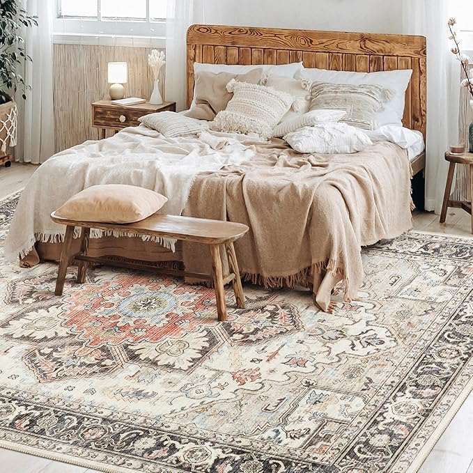 Area Rug 9x12 for Living Room, Medallion Printed Ultra-Thin Soft Large Carpet, Oriental Non Slip Big Washable Fade Stain Resistant Rugs for Bedroom Dining Room Home Office Decor