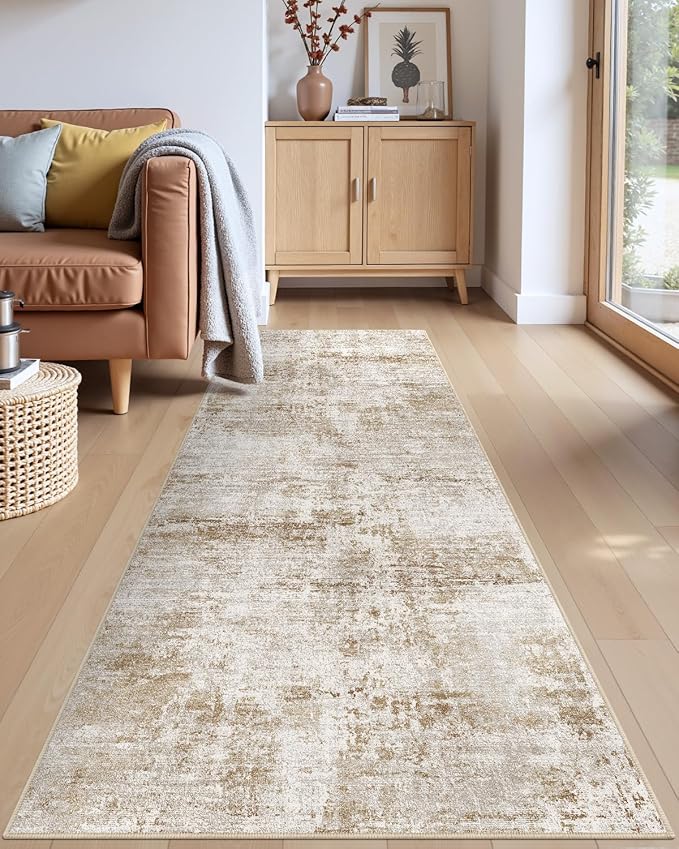 DEXI Hallway Runner Rug Washable 2'8''x10', Modern Abstract Soft Thin Hallways Runner with Non Slip Backing, Low Pile Entryway Floor Rug, Stain Resistant Carpet for Bedroom Living Room, Khaki