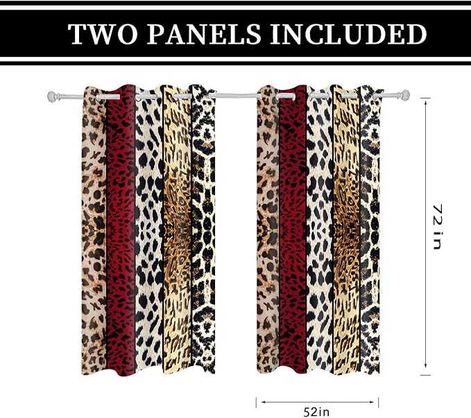 Wild Animal Print Curtain, Room Darkening Thermal Insulated Blackout Leopard Boa Window Drapes with Grommets for Living, Dining, Bedroom, Red Leopard Print, 52"x 72", 2 Panels