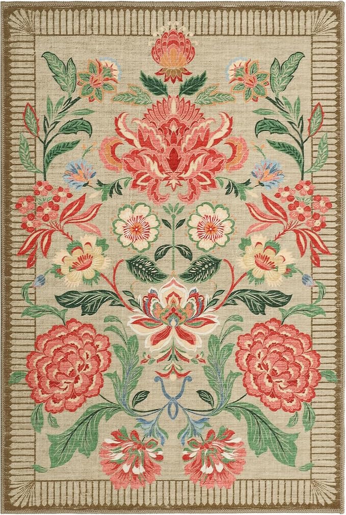 GarveeHome Camel Pink Floral 2x3 Door Mat Indoor Rugs for Entryway Small Taupe Brown Vintage Boho Cottage Washable Non-Slip Low-Pile Rug for Bedroom Kitchen Bathroom Entrance