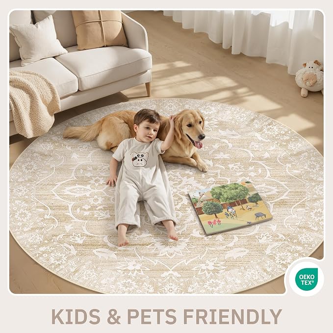 Soalmost Washable Round Rug 8ft for Living Room, Soft Circle Area Rug Beige | Vintage Floral Ultra-Thin Non-Slip Rugs, 8x8 Round Throw Carpet for Dining Room Nursery Bedroom Kitchen 8'Round