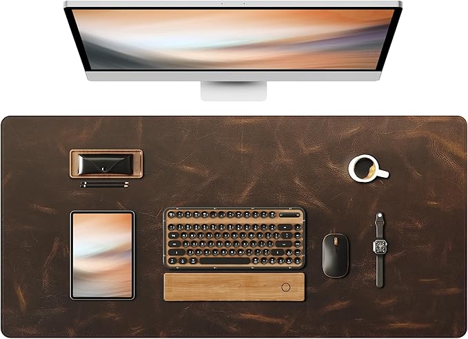 YSAGi Leather Desk Mat, 35.4"x17"Real Leather Desk Pad,2mm Thick Desk Blotter with Stiched line,Oil-Wax Feel Mouse pad and Self-Healing Laptop Pad for Home & Office(Classic Dark Brown)