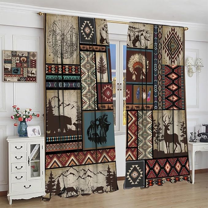 Rustic Cabin Blackout Curtains for Kitchen Country Retro Aztec Southwest Native American Farmhouse Woodland Wildlife Camping Window Treatments for Farmhouse Bedroom Living Room 55x63in