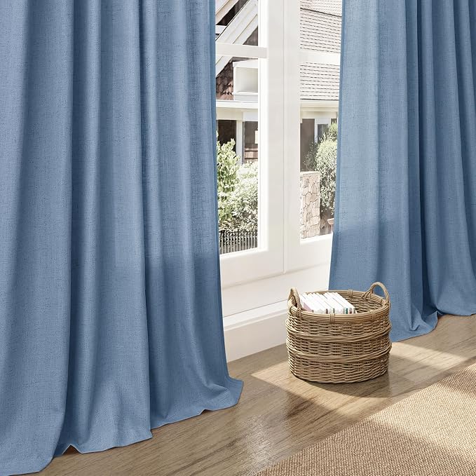 Extra Long Curtains 102 Inches for Living Room/Bedroom Stone Blue Back Tab Rod Pocket Light Filtering Semi Sheer Drapes Cotton Linen Textured Window Curtain 102 Inch for Bedroom 9 FT,2 Panels