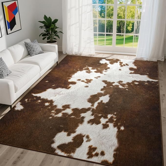 DweIke Cow Print Rugs for Living Room, 8x10 Large Soft Faux Animal Cowhide Area Rug, Washable Non-Slip Stain Resistant Throw Carpet for Dining Room Office Western Home Decor, Light Brown