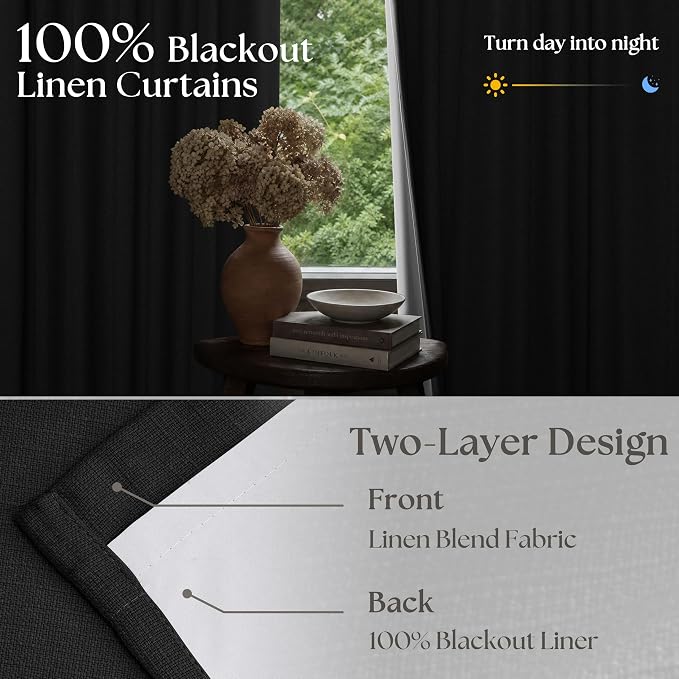 Black Linen Blackout Pleated Curtains 90 Inches Long for Living Room Darkening Pinch Pleat 100% Black Out Drapes Thermal Insulated Soundproof Midnight Black 90 Inch Curtain Panel for Dining Bedroom