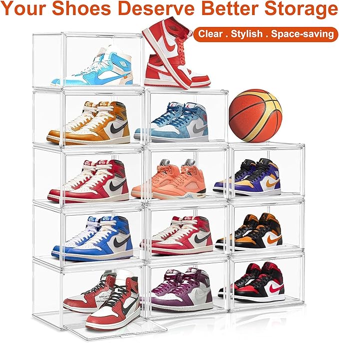 Clear Acrylic Shoe Storage Boxes 12 Pack, Size 14 Stackable Shoe Organizer with Magnetic Door, Space-Saving Sneaker Containers for Closet, Entryway, Transparent Display Case for Boots & Shoes