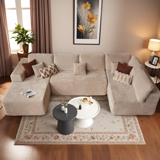 HOOOWOOO Cloud Sectional Couches for Living Room,Modular Sectional Sofa No Assembly,133X70 Inch Plush Corduroy Large U Shaped Floor Couch Set with Deep Seat Chaise Lounge(Beige)